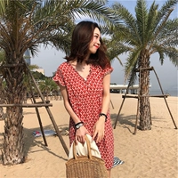 Gangfeng it Women 2019 hè mới đầm voan cổ chữ V ngọt ngào siêu cổ tích kỳ nghỉ bên bờ biển váy đi biển - Váy eo cao 	váy siết eo