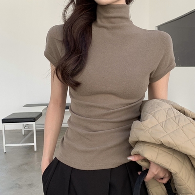 taobao agent T-shirt, mini-skirt, summer khaki long-sleeve, short jacket, high collar, tight, with short sleeve