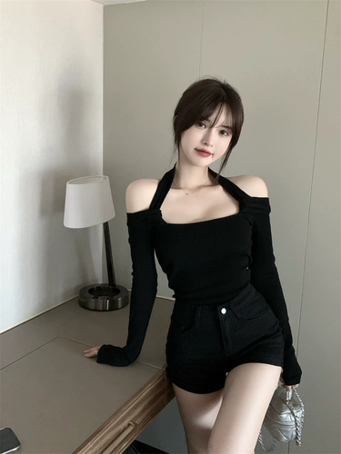 Новая осень чистая футболка женская сексуальная грудь демонстрирует большую якорную одежду фото-плеча-плеча-сладкая и пряная шея.