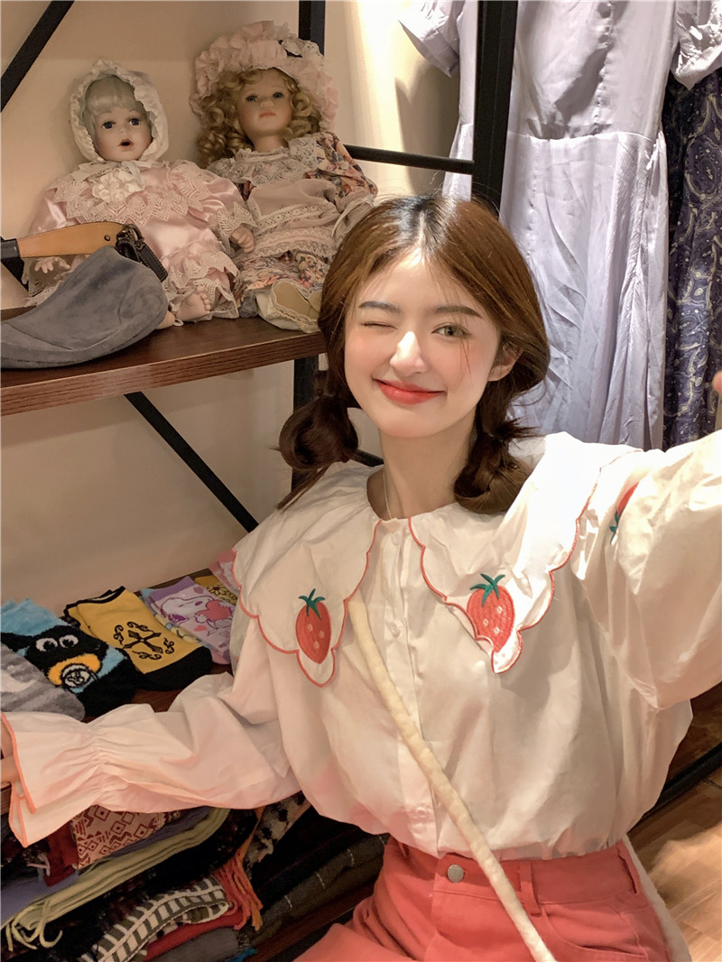 Large Size Sweet Cute Strawberry Doll Collar Shirt Top Women's Autumn New Korean Style Loose White Long Sleeve Top
