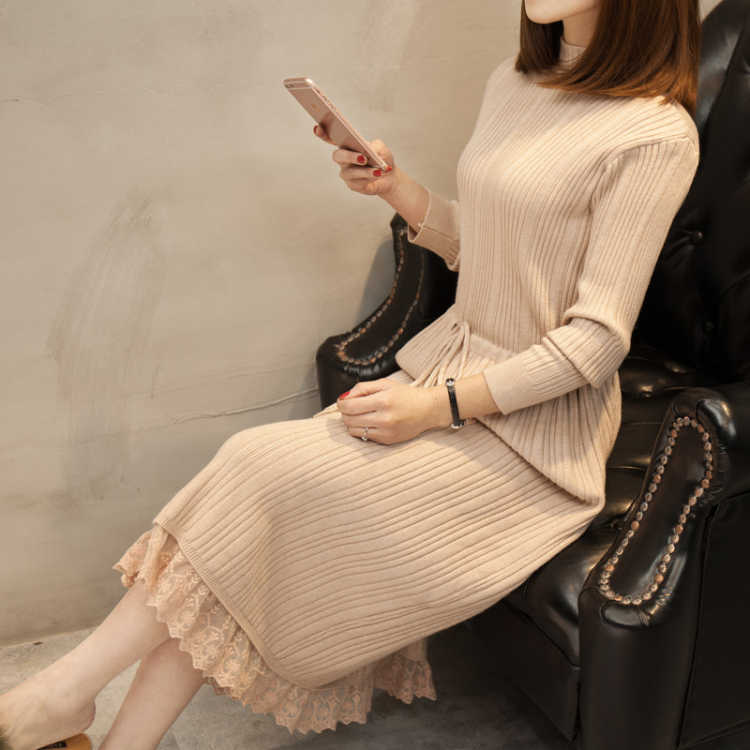 满120元可用100元优惠券2019新款两件套蕾丝裙打底套装连衣裙过膝长裙子秋冬女装