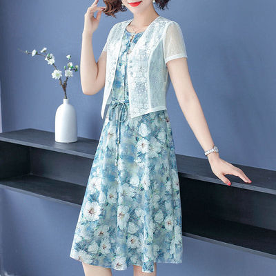 单件/套装 妈妈夏装洋气连衣裙2021新款中年女装短袖裙子两件套潮
