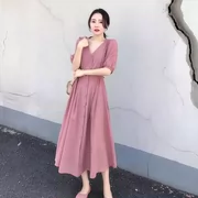 2019 phụ nữ mới mùa hè Xiu Xiu cao eo dài đầm nữ màu hồng thắt eo ngắn tay áo v-cổ dài - váy đầm