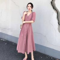 2019 phụ nữ mới mùa hè Xiu Xiu cao eo dài đầm nữ màu hồng thắt eo ngắn tay áo v-cổ dài - váy đầm mẫu váy thu đông 2021