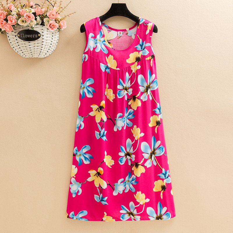 Khakipoplin  Dress mom summer wear Nightdress Medium and long term Big size Fat mm easy robe Middle aged and elderly leisure wear vest