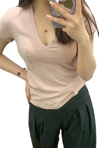 Umiqio/u Home 2023 Летняя универсальная повседневная простой простая бамбуковая писательская пряжа V-образный выстрел футболка с коротки