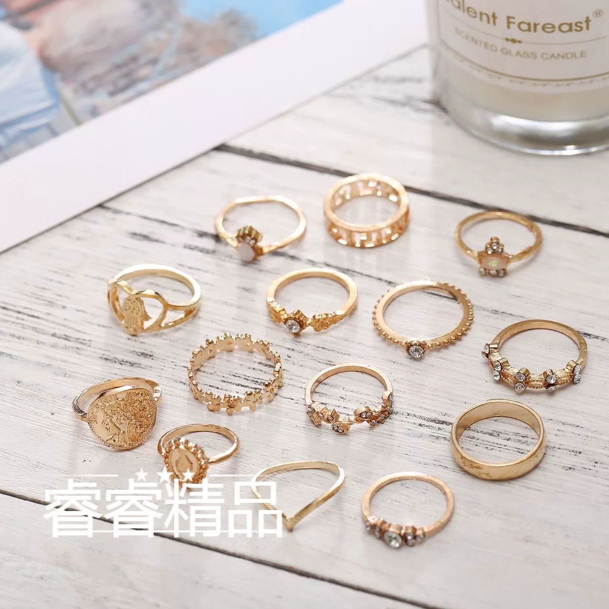 Ring set 15 pcs, vintage women's gold-tone joint/stackable rings, mixed styles