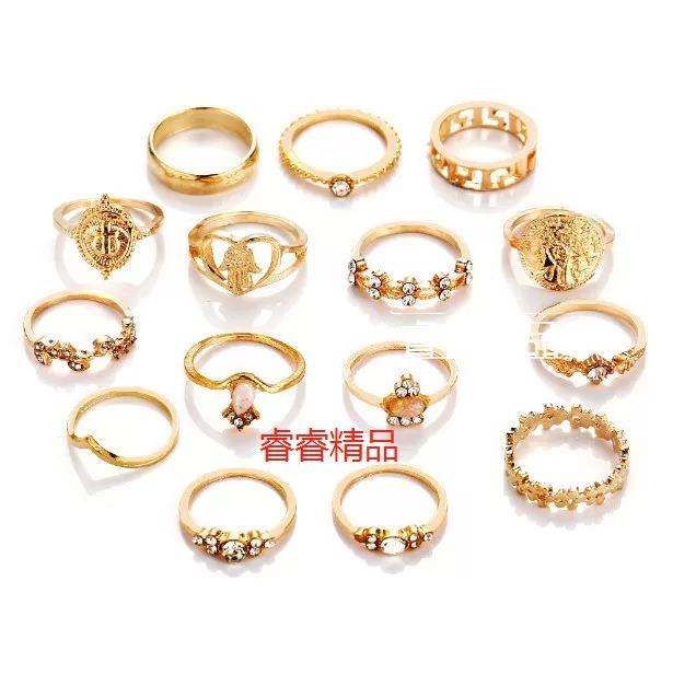 Ring set 15 pcs, vintage women's gold-tone joint/stackable rings, mixed styles