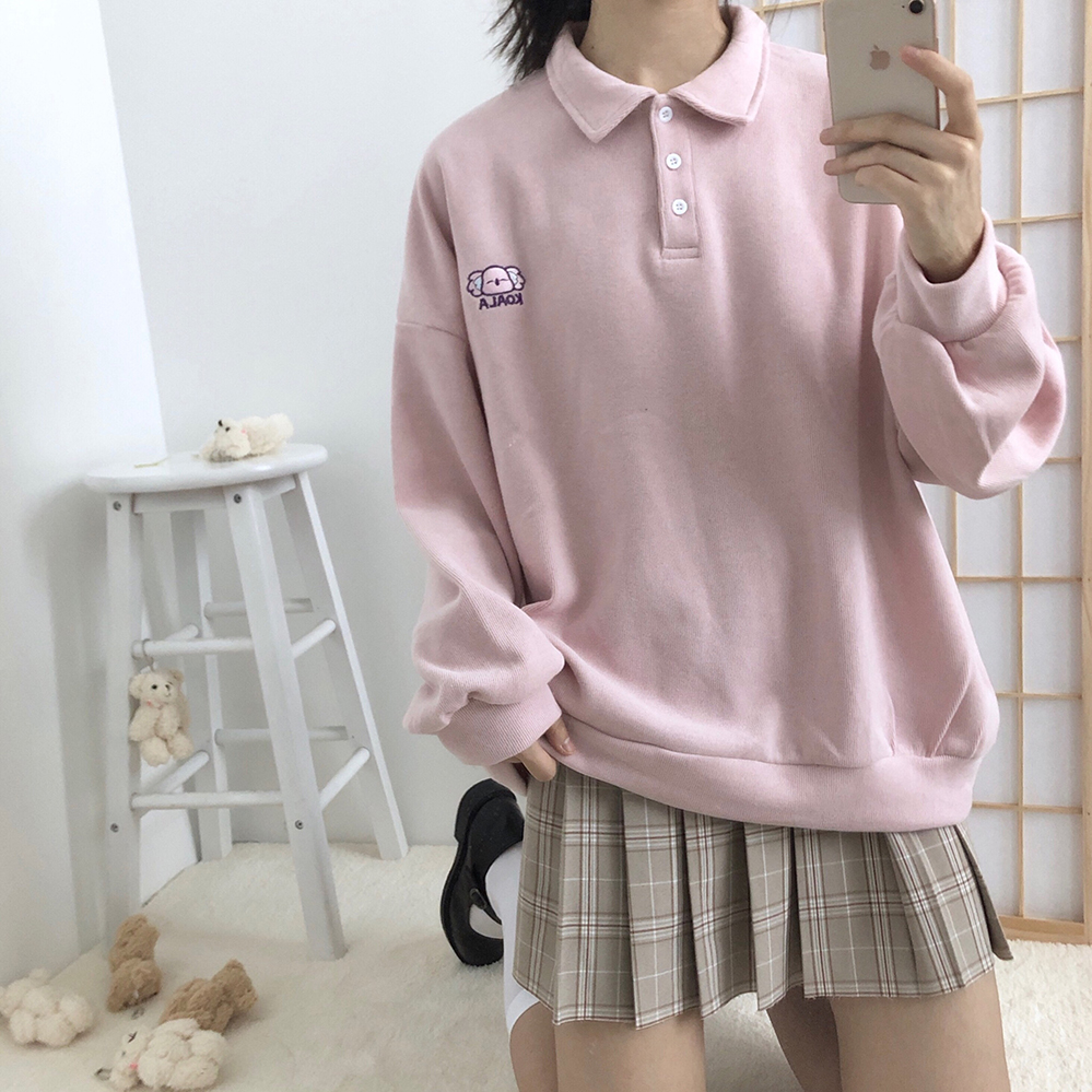Pinkover size Bear Pink polo Collar sweater female 2021 new pattern easy Long sleeve jacket female spring and autumn Thin