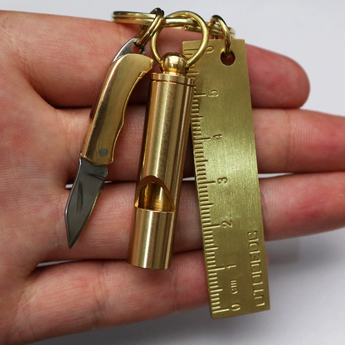 Латунный маленький складной складной нож, брелок, подвеска, медная линейка, ухочистка, свисток