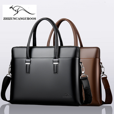 智尊袋鼠皮包男士手提包真皮单肩斜挎包商务公文包电脑包横款牛皮