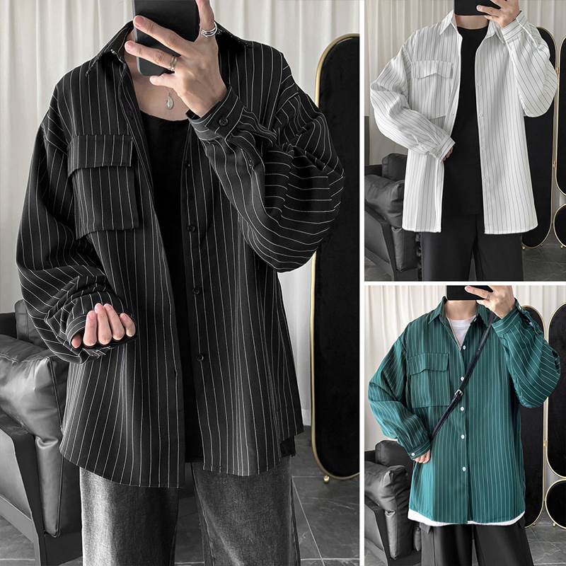 Hong Kong fashion brand Harajuku loose Stripe Shirt Men's Korean fashion casual versatile long sleeve shirt inch shirt coat
