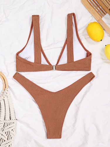 Коричневый сексуальный пляжный раздельный купальник, коллекция 2021, европейский стиль, V-образный вырез