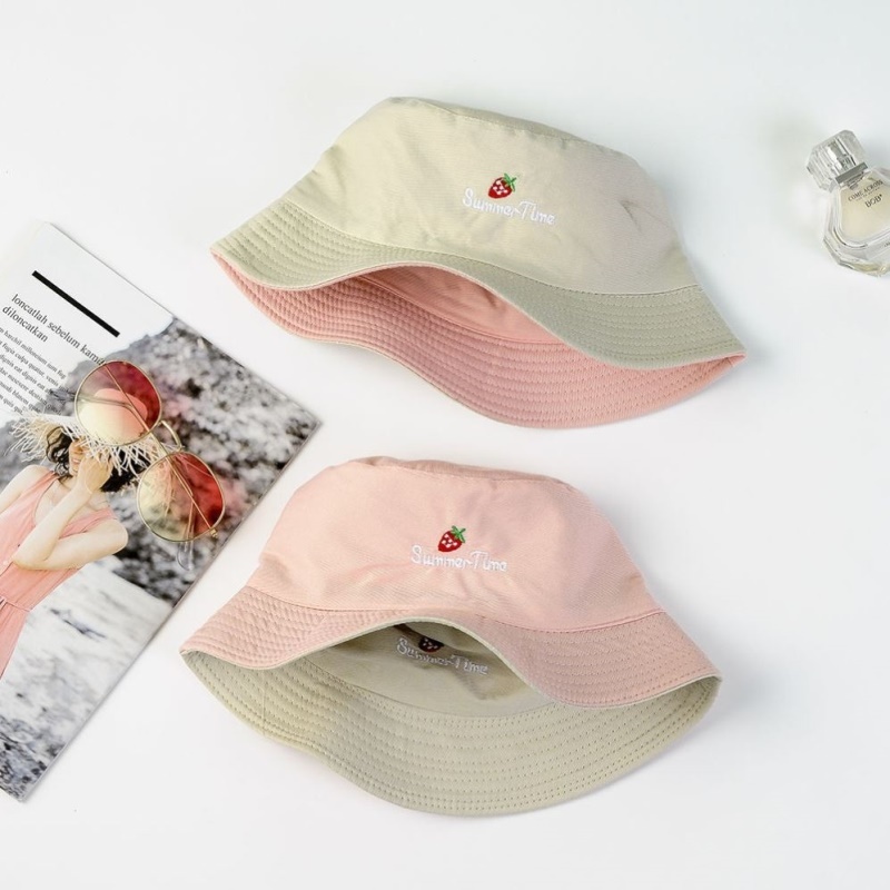 Double Sided Wear (Strawberry Beige Pink) - J70Double sided wear Hat female Women's hat two-sided Embroidery Versatile Basin cap Fisherman hat men and women lovely student Korean version