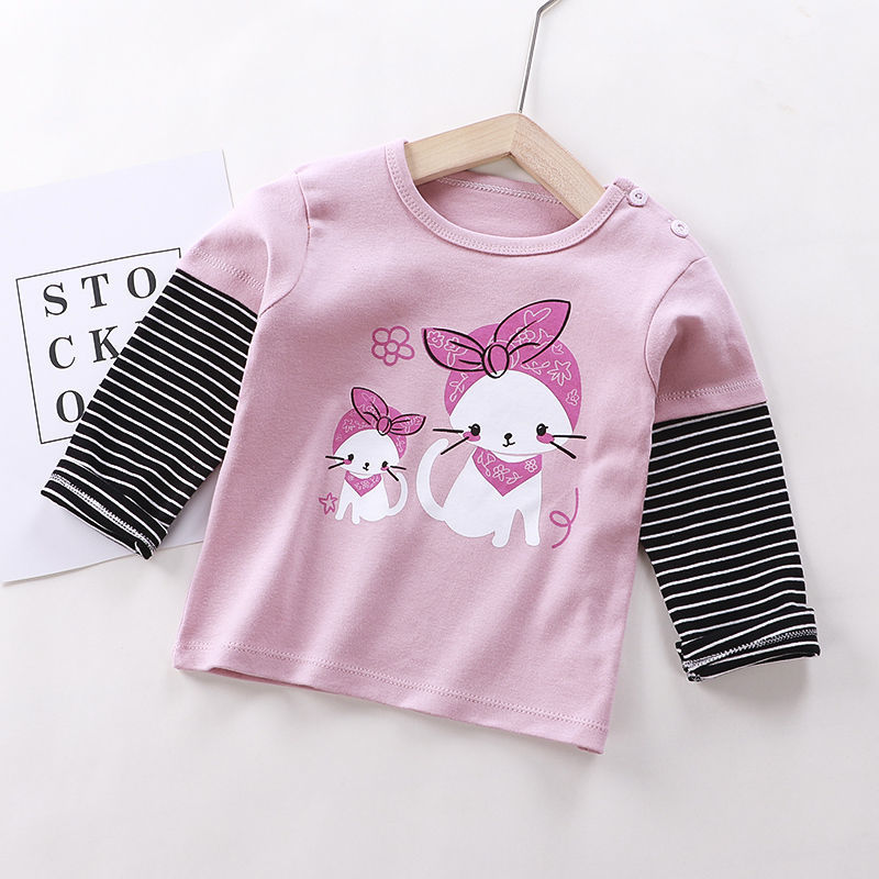 F010 T-shirt Splicing Rice Noodleschildren pure cotton Long sleeve T-shirt Boy girl Undershirt baby T-shirt Long sleeve jacket baby clothes Spring  tide