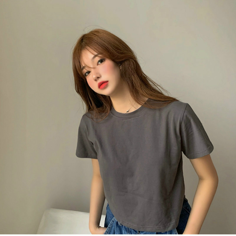 Greysummer Korean version have cash less than that is registered in the accounts Exposed navel Self cultivation T-shirt 2021 new pattern Women's wear easy Short sleeve Solid color Simplicity Built in jacket