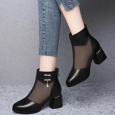 软皮网纱凉靴2021新款春夏中跟透气软底防滑圆头粗跟凉鞋女