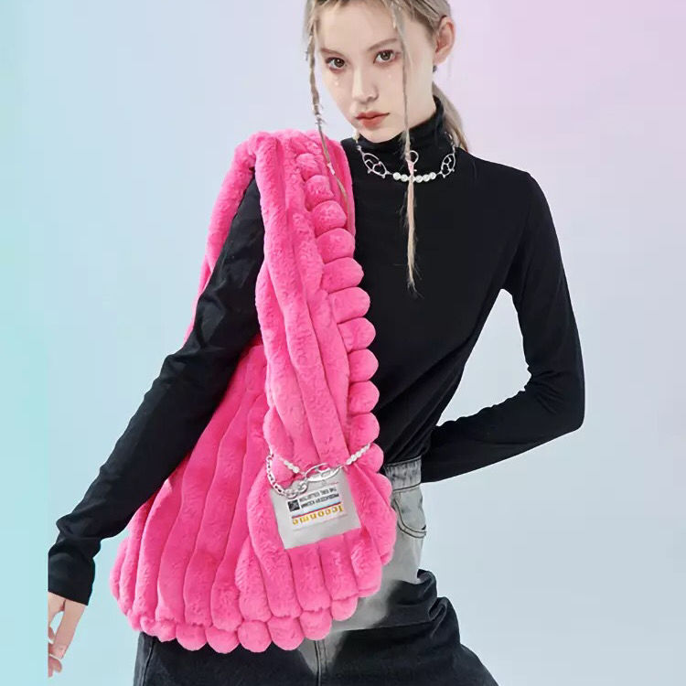 Autumn and Winter New Cute Creative Y2K Fun Mao Large Capacity Wide Shoulder Strap Pink Mao Mao Mao Shoulder Bag Shoulder Bag