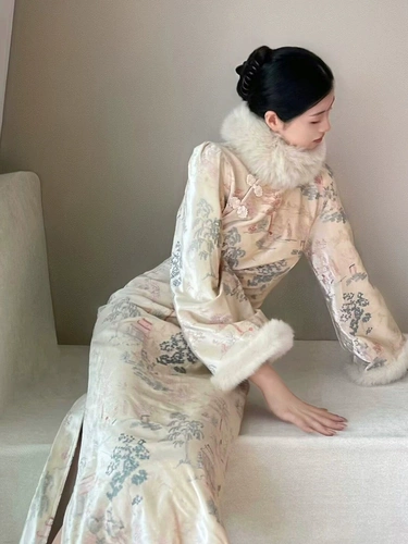 Бархатное утепленное ципао, платье, увеличенная толщина, китайский стиль, коллекция 2023