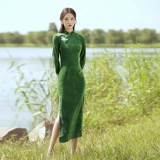 Зеленое ципао, легкий элитный ретро лонгслив, 2023, премиум класс, светлый стиль, китайский стиль, осеннее, яркий броский стиль