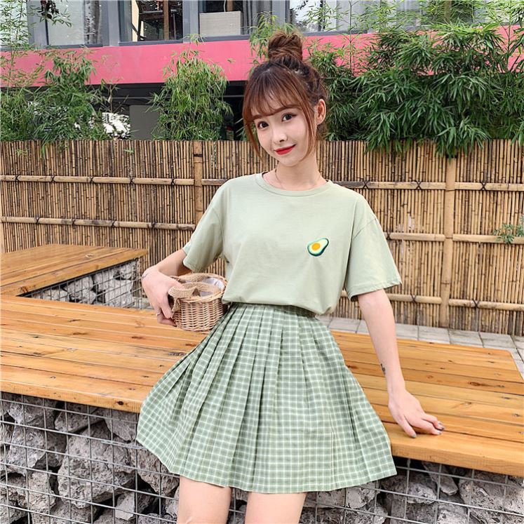 [Suit] Greensummer new pattern easy Versatile student Short sleeve T-shirt female High waist Half body Pleated skirt Two piece set Casual skirt suit