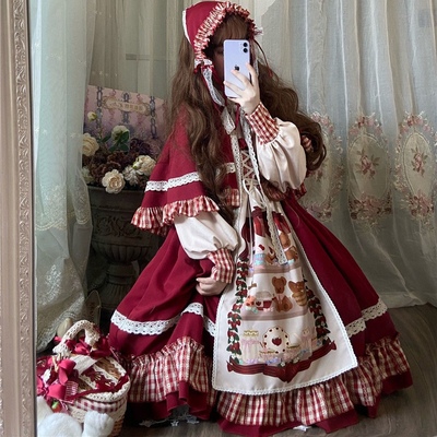 taobao agent Little Red Riding Hood, trench coat, cute colored dress with sleeves, Lolita style, Lolita OP, long sleeve