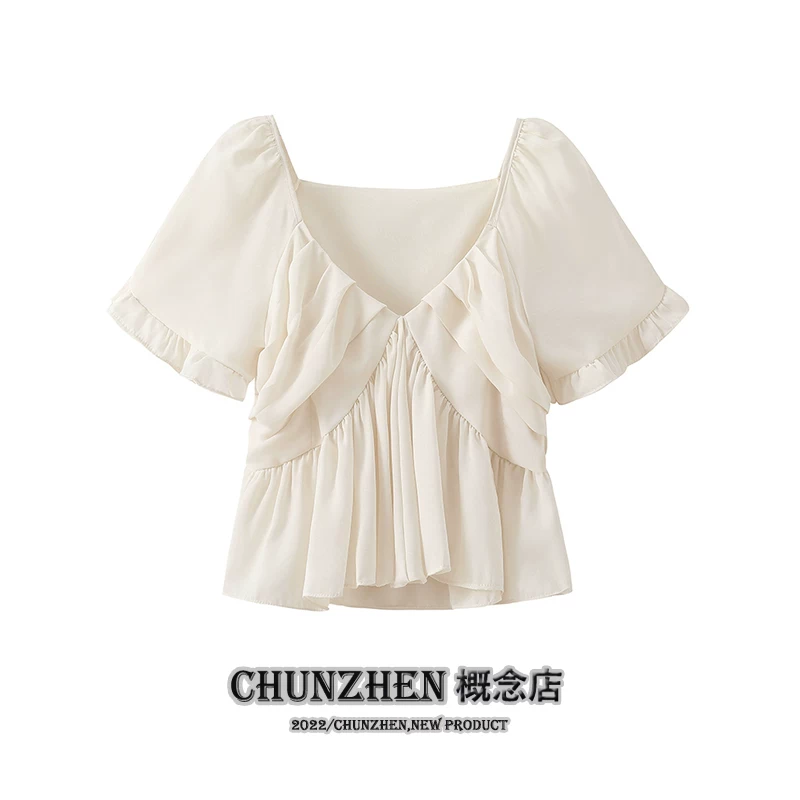 Дизайн-ремень? Wait this seems off. Translate: Design brace, summer shiffon short shirt, V-neckline, trend of season, french style