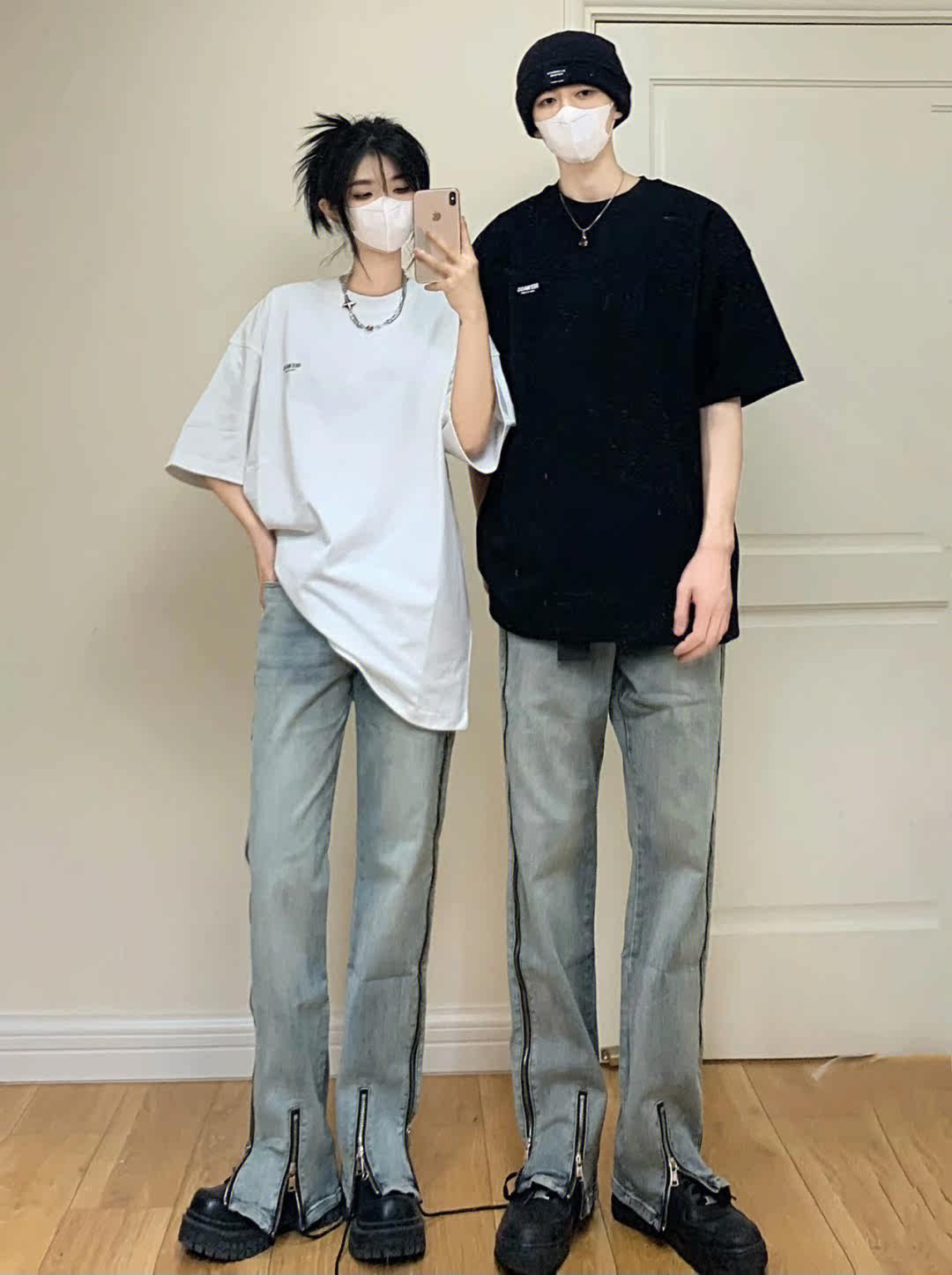 American vibe style couple pants, high street trendy brand design sense, niche washed distressed zipper split jeans for men Specification image
