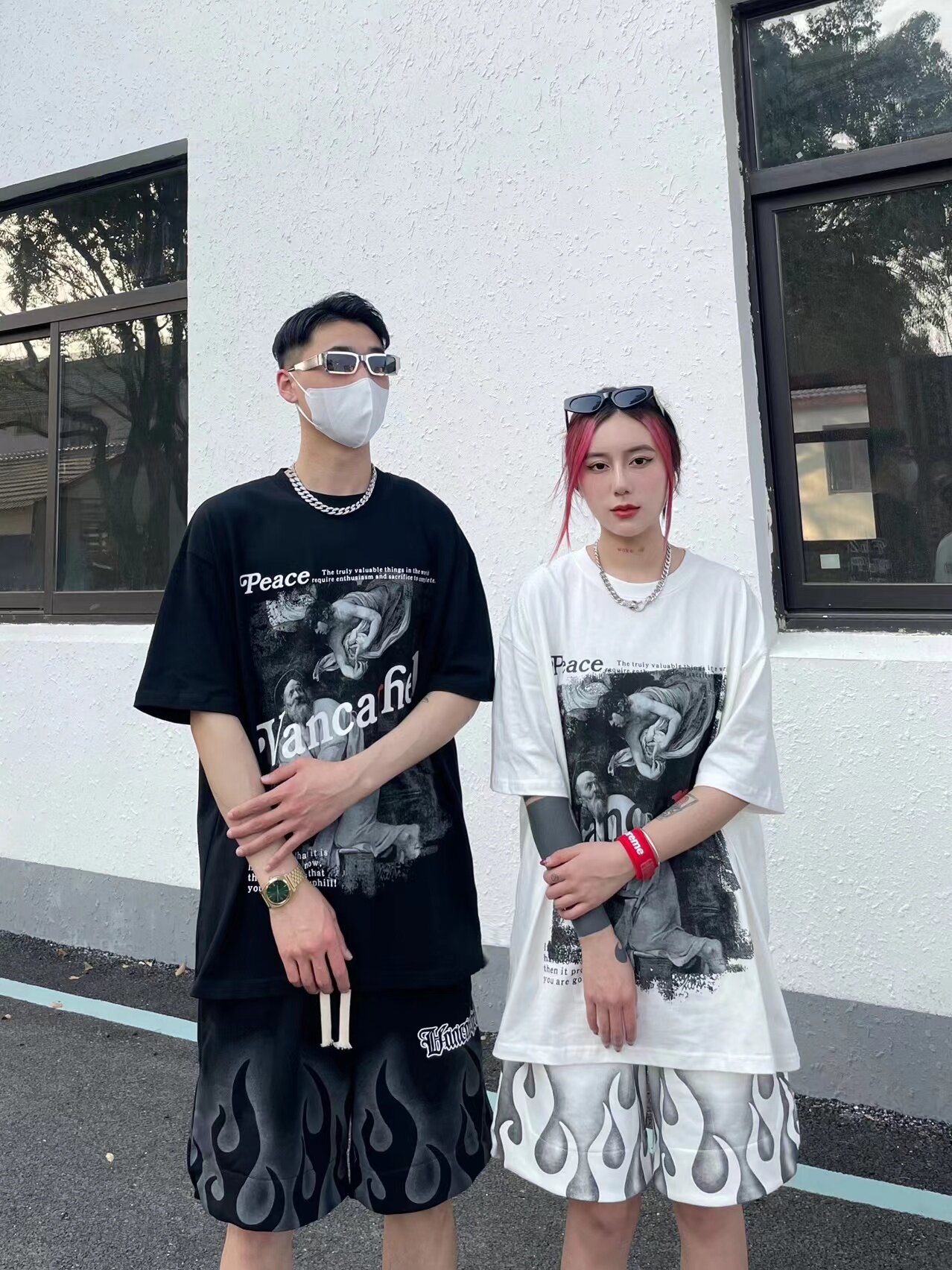 European and American original dark style retro figure print short-sleeved T-shirt men's fashion brand ins summer loose plus-size couple outfits Specification image