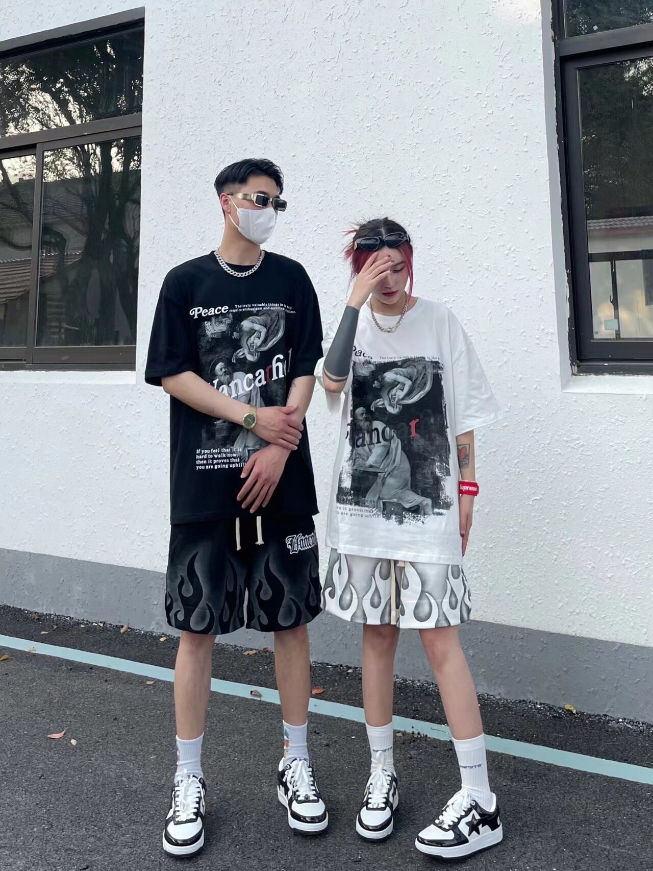 European and American original dark style retro figure print short-sleeved T-shirt men's fashion brand ins summer loose plus-size couple outfits Application Scenario