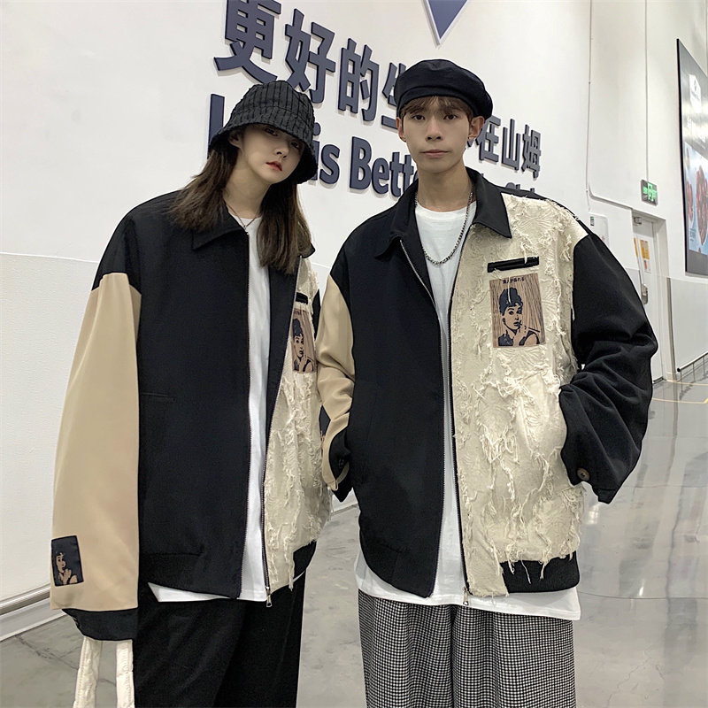 Patchwork baseball jacket jacket for men on Instagram, loose and versatile, high street design sense, niche and cool couple jacket details Picture