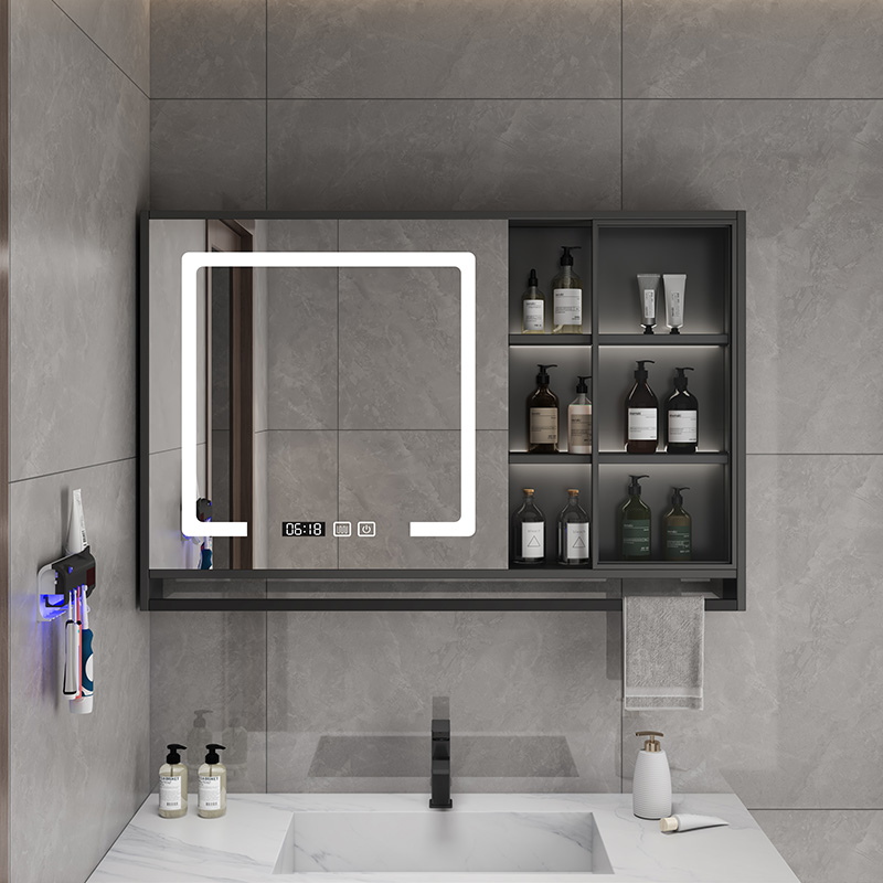 gương nhà tắm có tủ Tủ gương phòng tắm thông minh tùy chỉnh 
            treo tường với đèn nền gương phòng tắm chống sương mù giá treo khăn lưu trữ riêng tủ tích hợp tủ kệ gương phòng tắm tủ gương treo tường