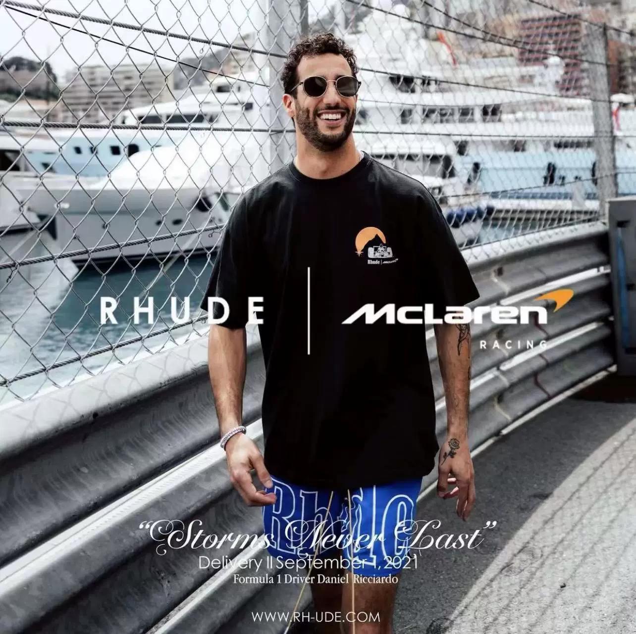 Совместная футболка Rhude / McLaren F1 Формула, классика, цветочный рисунок, круглый вырез, свободная, коротким рукавом