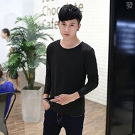 Phương thức mỏng nam dài tay t- shirt bông vòng cổ mỏng đáy áo màu rắn thanh niên mùa thu quần áo t- áo sơ mi thủy triều áo thun nam trơn