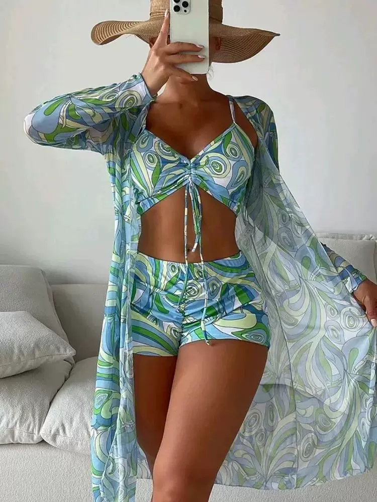 Tropical Allover Print Bikini 3pack Drawstring Ruched ver Up