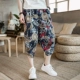 Quần dài phong cách Trung Quốc vải lanh in quần nam lỏng lẻo bảy điểm quần nam cộng với quần short béo XL - Quần short