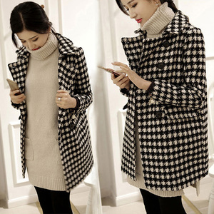 Áo khoác len mùa thu đông 2019 phiên bản mới của Hàn Quốc dành cho nữ sinh dài phần houndstooth áo len nhỏ dày - Accentuated eo áo