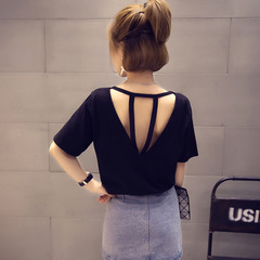Cut out suspender at back and loose large summer solid color short sleeve T-shirt for girls