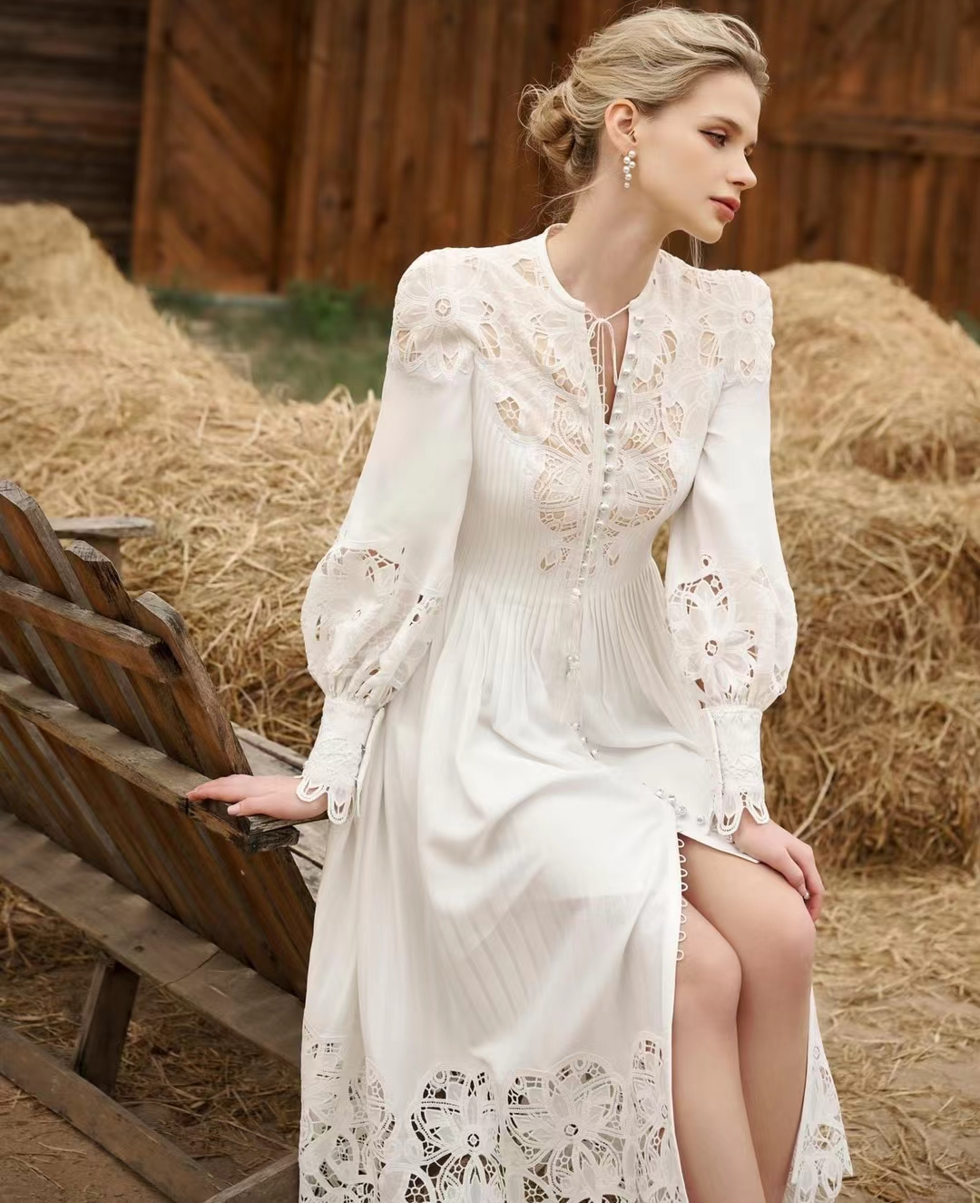 Vietnam Niche Design Lace-up Flower Embroidery Hollow Lace Dress Long Dress Lantern Sleeve Long Sleeve Single-breasted Vacation Dress