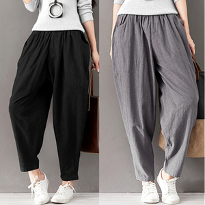 2018 mùa xuân lỏng bông và vải lanh quần âu nữ chất béo mm kích thước lớn linen eo đàn hồi quần harem chín quần củ cải quần