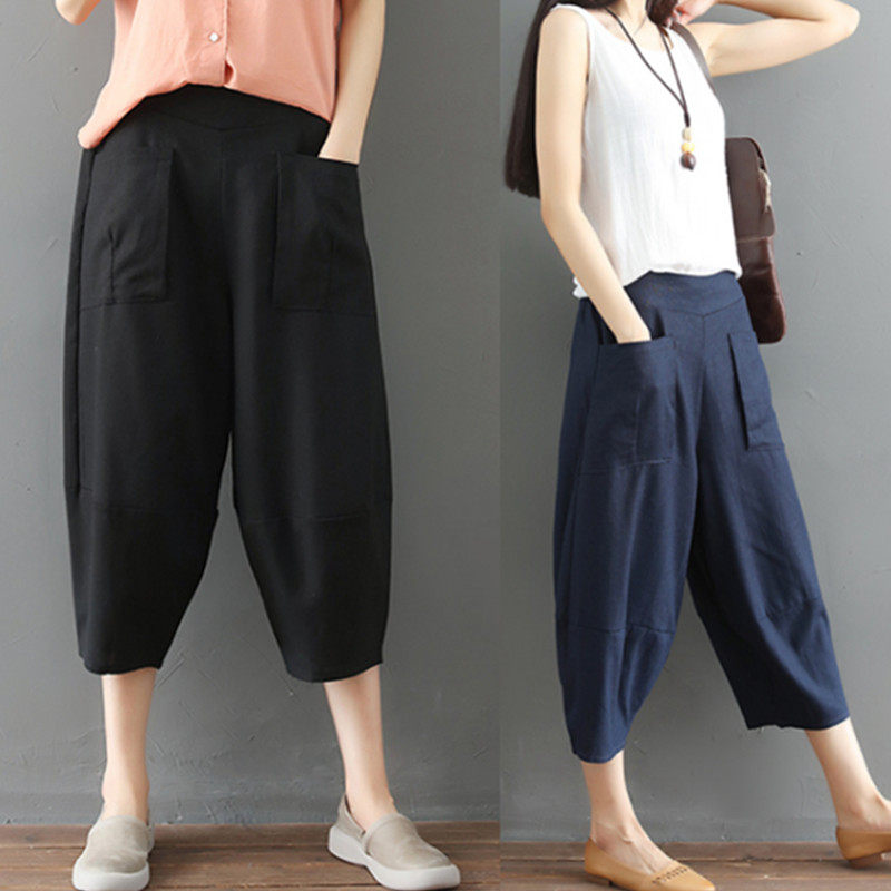 Văn học retro bông và vải lanh chín quần phụ nữ 2018 mùa hè chất béo MM lỏng kích thước lớn đàn hồi eo linen giải trí hậu cung quần