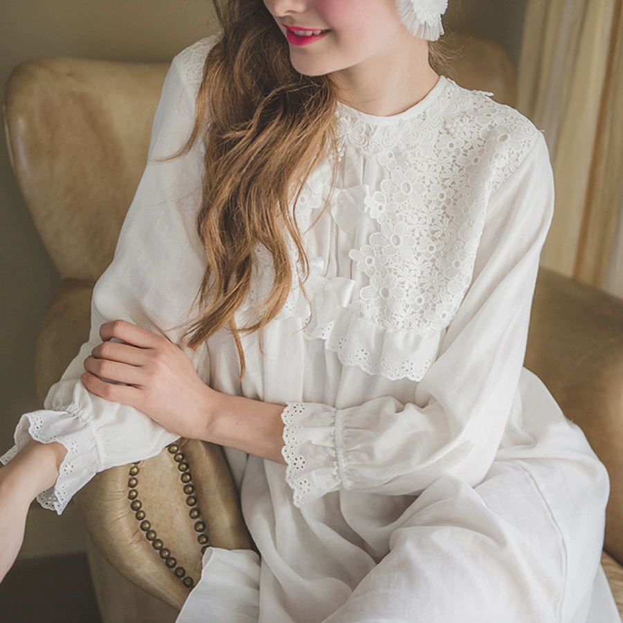 Phong cách mới đồ ngủ nữ Hàn Quốc, bộ váy ngủ ren gợi cảm bằng vải cotton trong mùa xuân, mùa hè và mùa thu, dịch vụ tại nhà của cung điện công chúa dễ thương - Đêm đầm