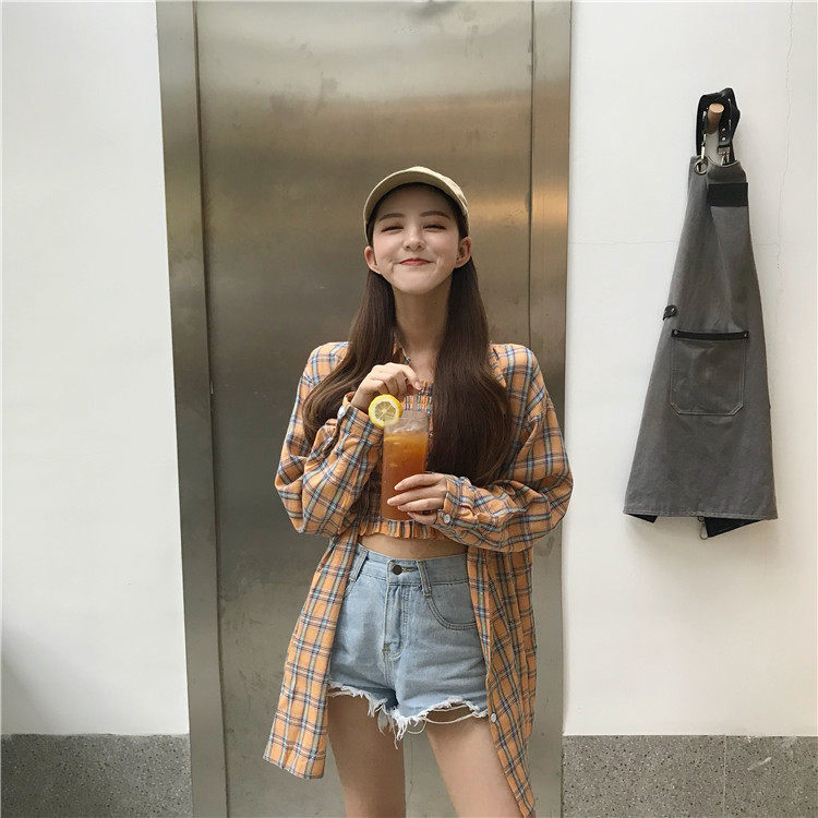 Retro cổng gió chic dài lỏng dài tay áo sơ mi mi áo khoác + kẻ sọc bọc ngực đầu hai mảnh phù hợp với phụ nữ