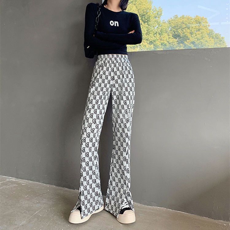 White Letter [Split]2021 Spring and summer new pattern houndstooth  leisure time Micro horn trousers female High waist Show thin Korean version Split Wide leg pants Thin