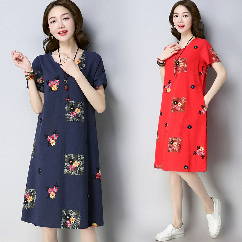 2019 mùa hè mới retro văn học kích thước lớn giảm béo váy thêu a-line in ấn giản dị váy cotton và vải lanh ngắn tay - A-Line Váy