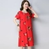 2019 mùa hè mới retro văn học kích thước lớn giảm béo váy thêu a-line in ấn giản dị váy cotton và vải lanh ngắn tay - A-Line Váy