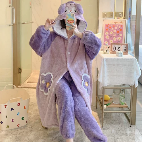 Зимняя коралловая бархатная пижама, флисовый зимний милый демисезонный банный халат, комплект, увеличенная толщина