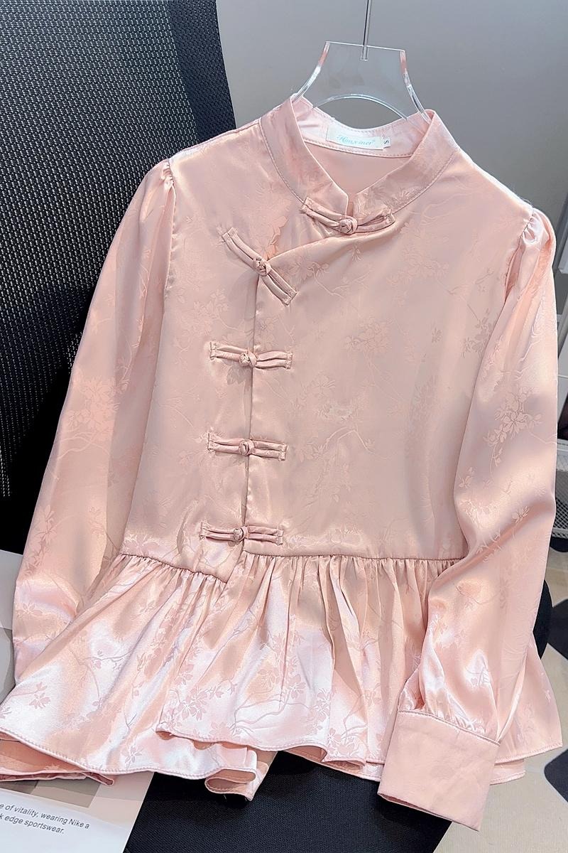 New Chinese Style National Style Button Top Women's High-end Chic Beautiful Small Shirt Belly Covering Tang Dress Loose Pink Shirt Autumn