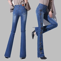 Mùa hè phần mỏng phong cách dân tộc thêu hoa jeans nữ cao eo căng quần Slim mỏng thẳng micro chuông quần đáy quần áo nữ đẹp