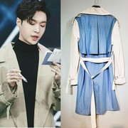 Thần tượng huấn luyện viên Zhang Yixing với cùng một phong cách trắng áo gió khâu denim màu phù hợp với áo khoác dài người đàn ông